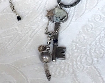 Silver Key Necklace, Key Pendant Necklace with Vintage Assemblage