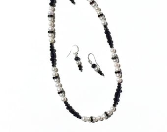 Pearl & Crystal Necklace and Earrings set Black and White Real Pearl