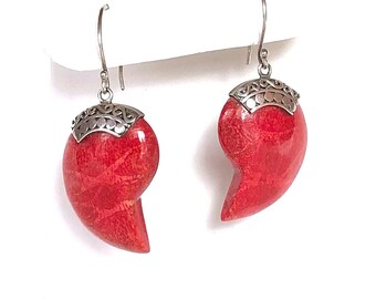 Sterling silver and red coral vintage earrings