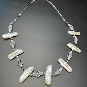 Pearl necklace with silver and crystals adjustable length necklace