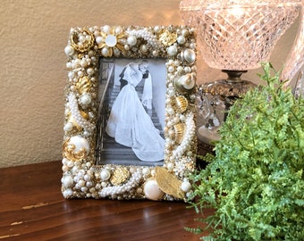 Modern Glam Pearl and Gold Wedding Picture Frame
