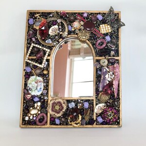 Maximalist purple wall mirror with vintage jewelry, Mirror with Purple Frame
