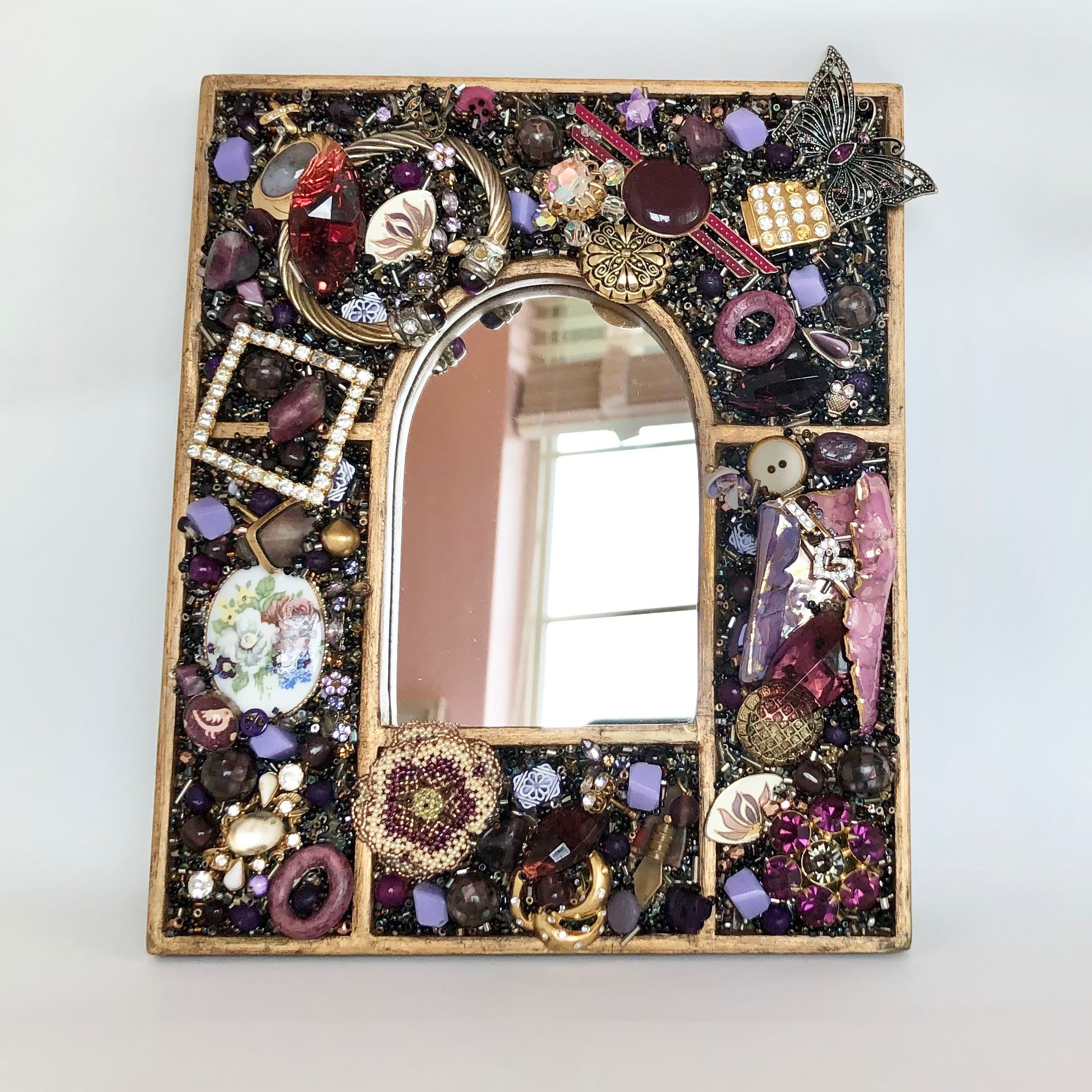 wall mirror / 昭和レトロ Maximalist Purple Wall Mirror With Vintage Jewelry, Mirror