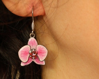 Pink orchid earrings and pink Swarovski crystal rhinestones, stainless steel hooks