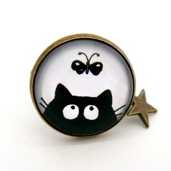 Bague cabochon chat noir et papillon