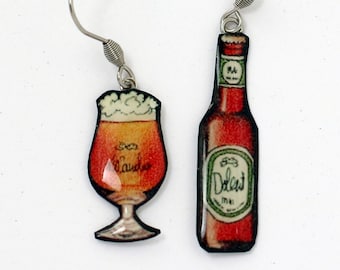 humorous earrings beer bottle and glass