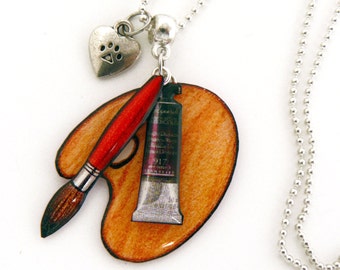 Pendant for artist, paint palette, brush and paint tube, stainless steel chain, silver heart