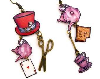 Alice in Wonderland long earrings, mismatched