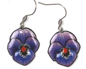 Boucles d'oreilles fleurs, pensées violettes