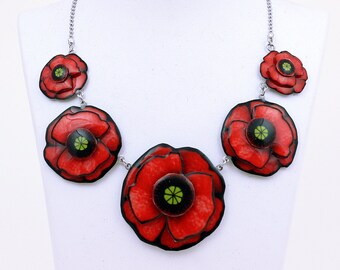 Gros collier 5 coquelicots, chaîne en acier inoxydable, réglable