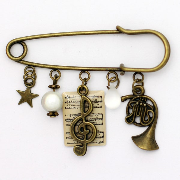 Broche épingle en laiton, thème musique, couleur bronze, partition de musique, cor d'harmonie, note de musique, étoile, perle nacrée