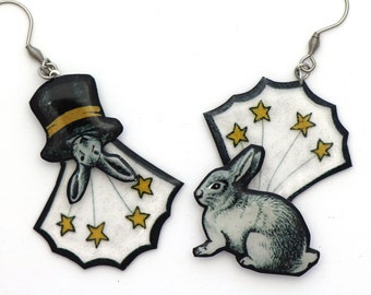 Boucles d'oreilles spectacle de magie, lapin et chapeau