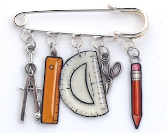 Pin pin teacher of mathematics, geometry, back to school, protractor, compass, ruler, scissors and pencil