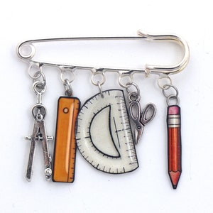 Pin pin teacher of mathematics, geometry, back to school, protractor, compass, ruler, scissors and pencil
