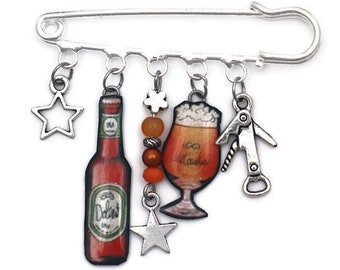 Brosche Pin Bierflasche und Glas, silberner Flaschenöffner