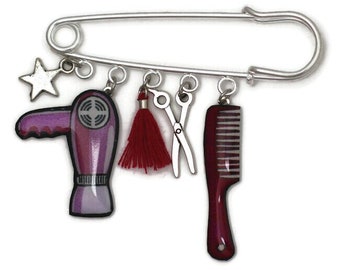 Silver pin brooch for dressing table, hair dryer, comb and scissors