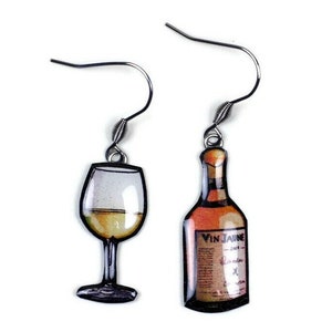 Mismatched yellow wine bottle and wine glass earrings image 1