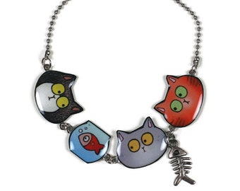 Bracelet humoristique 3 chats et un poisson rouge, multicolore, chaîne acier inoxydable, bracelet réglable