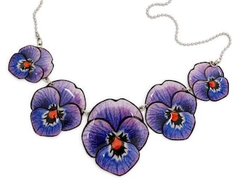 Gros collier 5 fleurs pensées violettes