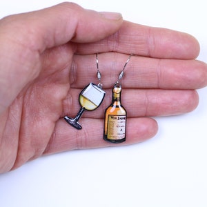 Mismatched yellow wine bottle and wine glass earrings image 2