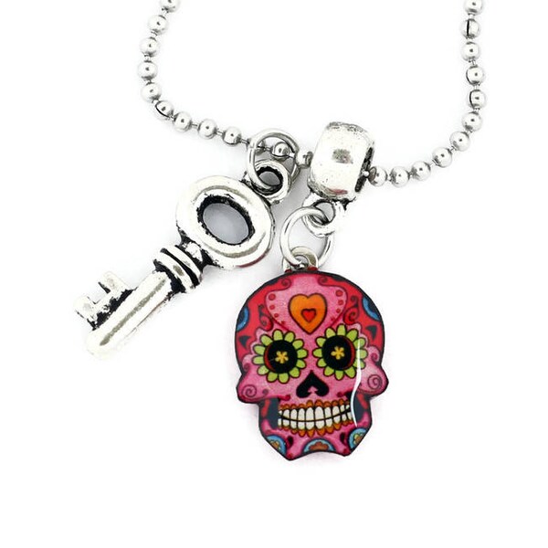 Bracelet skull rose, tête de mort mexicaine, clé et cadenas, chaîne à billes, argenté, acier inoxydable, réglable