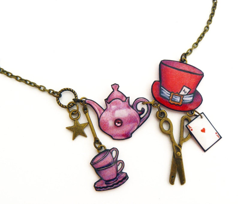 Alice in Wonderland Necklace Hat Teapot Cup Card Etsy