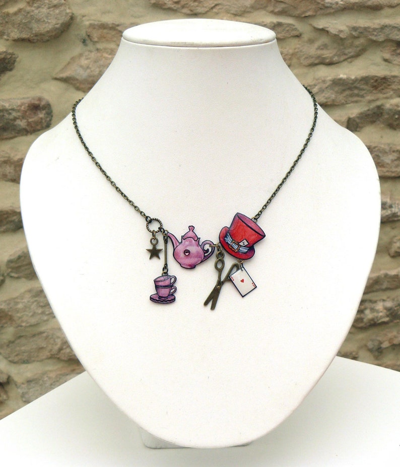 Alice in Wonderland Necklace Hat Teapot Cup Card Etsy