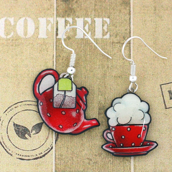 Boucles d'oreilles "tea time" théière et tasse rouge à pois