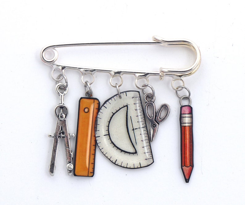 Pin pin teacher of mathematics, geometry, back to school, protractor, compass, ruler, scissors and pencil image 1