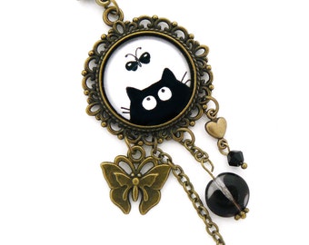 Black cat and butterfly medallion pendant