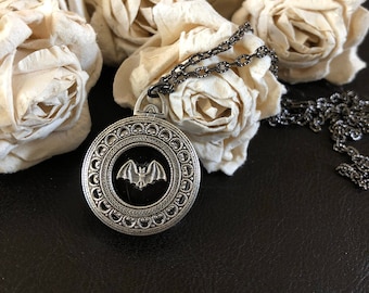 Bat Photo Locket Necklace, Gothic Family Keepsake, locket which holds four photos
