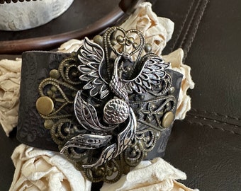 Phoenix bracelet leather cuff,phoenix gift, phoenix jewelry, gothic gift, gothic cuff, leather bracelet, gothic bracelet, bird bracelet