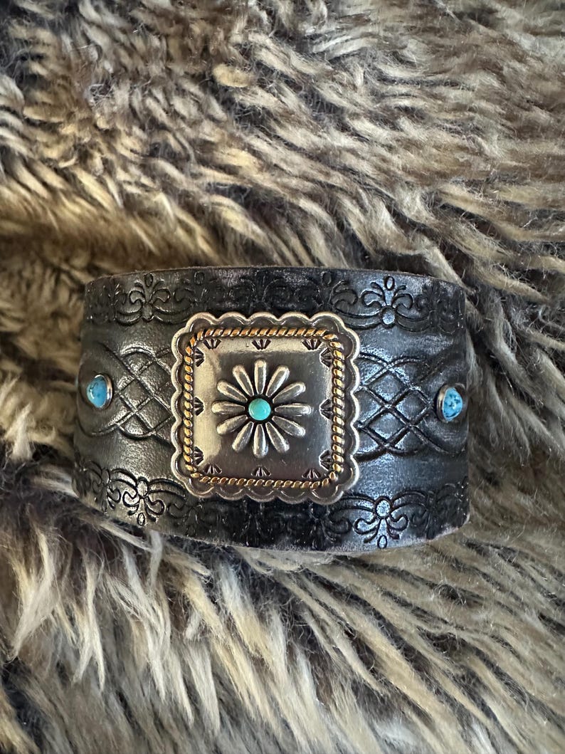bracelet leather cuff, cowgirl bracelet, western bracelet, western jewelry, cowgirl jewelry, chunky bracelet, concho leather bracelet image 5