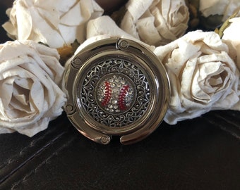 Baseball Purse Hook, Silver Bling Handbag Hanger, Baseball Gift for Her