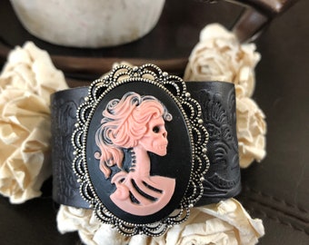 Lolita cuff bracelet, skull gifts, gothic gifts, women’s leather cuff bracelet, skull bracelet, Lolita