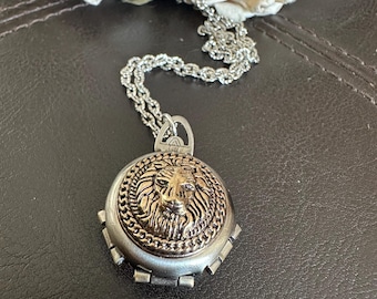 Antiqued Silver Lion Locket Necklace, Four Photo Family Keepsake