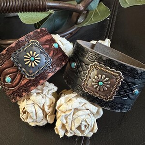 bracelet leather cuff, cowgirl bracelet, western bracelet, western jewelry, cowgirl jewelry, chunky bracelet, concho leather bracelet image 2