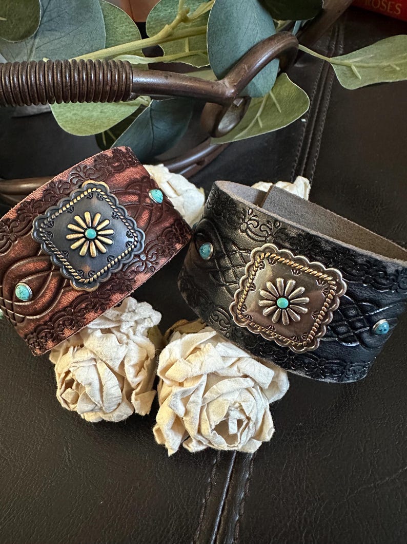 bracelet leather cuff, cowgirl bracelet, western bracelet, western jewelry, cowgirl jewelry, chunky bracelet, concho leather bracelet image 2