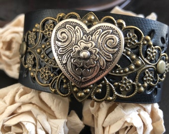Heart cuff, Cowgirl bracelet leather cuff concho , vegan leather, Valentines Day gift,cowgirl gift, western jewelry, country bracelet