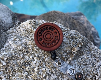 12 Gauge Leather Badge Reel, Shotgun Shell Holder, Hunting ID Clip