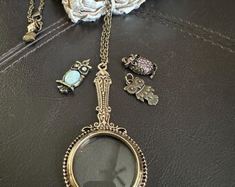 Vintage Style Magnifying Glass Necklace with Owl Charms