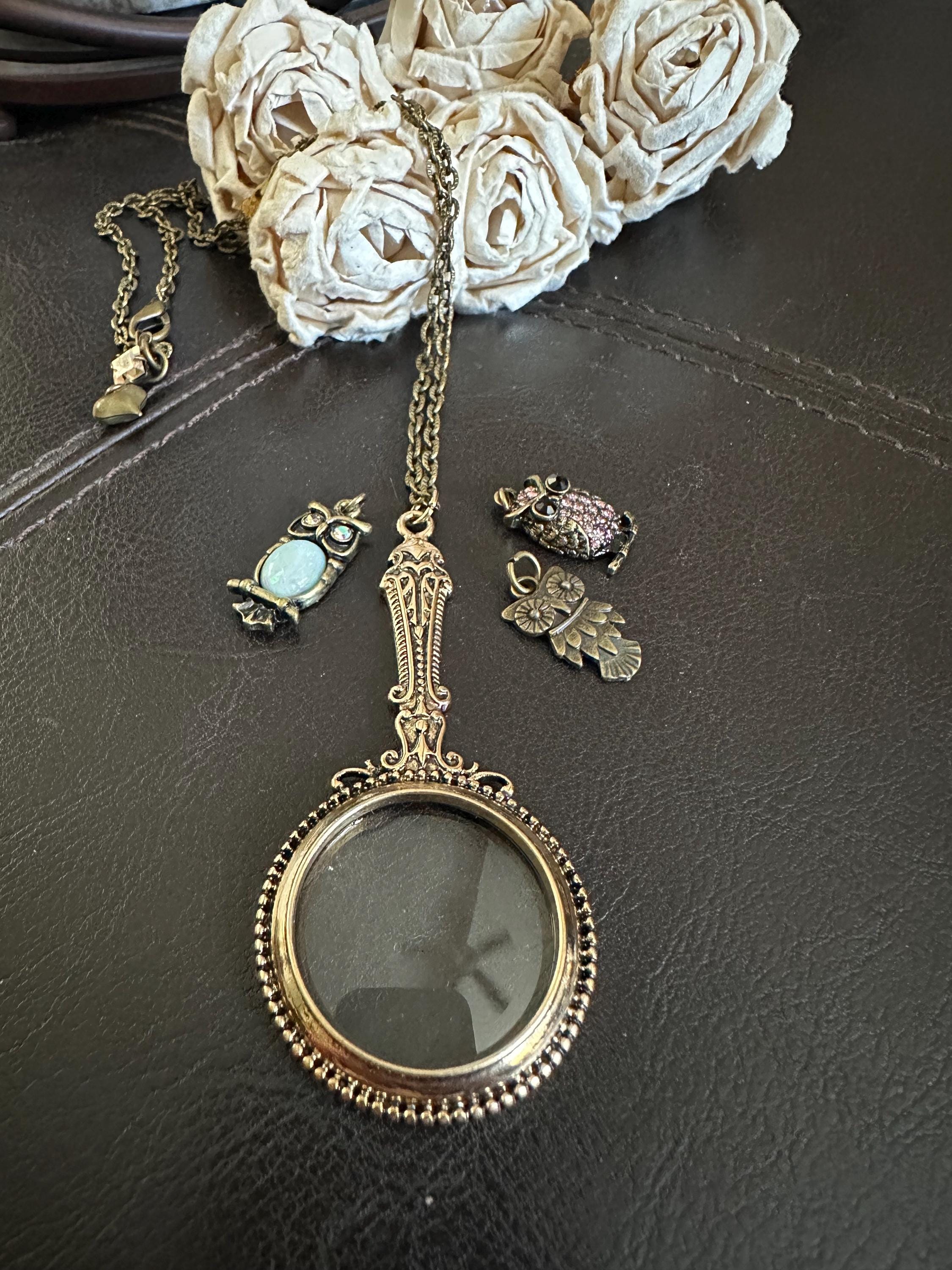 Vintage Style Magnifying Glass Necklace with Owl Charms