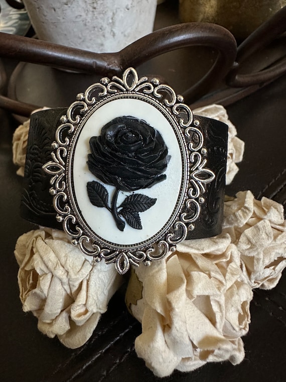 Elegant Black Leather Cameo Bracelet Black Rose Cameo Leather Cuff Bracelet, Gothic Floral  main image 2