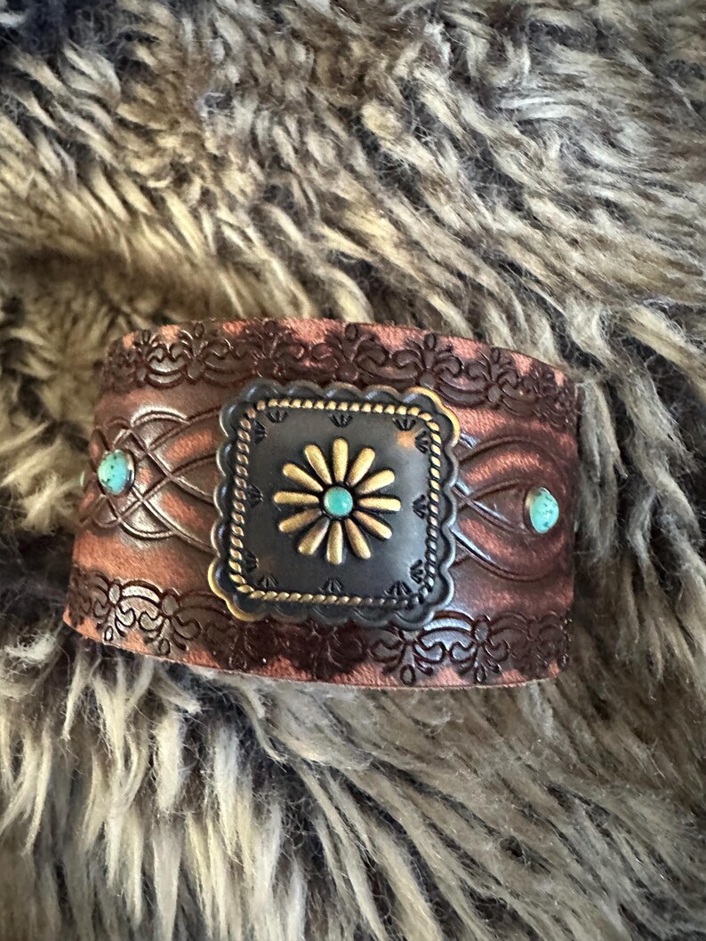bracelet leather cuff, cowgirl bracelet, western bracelet, western jewelry, cowgirl jewelry, chunky bracelet, concho leather bracelet image 4