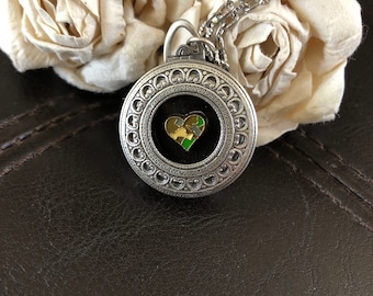 Antiqued Silver Locket Necklace, Army Charm, Holds Four Photos, Keepsake Jewelry