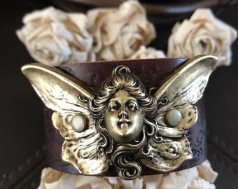 Angel leather bracelet cuff, goddess gift, winged lady bracelet, fairy bracelet, art nouveau, butterfly fairy