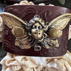 Angel leather bracelet cuff, goddess gift, winged lady bracelet, fairy bracelet, art nouveau cuff, butterfly fairy bracelet, Angel bracelet