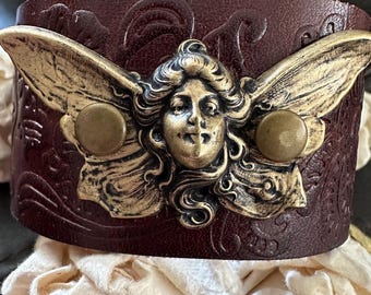 Angel leather bracelet cuff, goddess gift, winged lady bracelet, fairy bracelet, art nouveau cuff, butterfly fairy bracelet, Angel bracelet