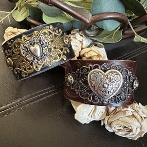 Heart bracelet leather cuff, cowgirl bracelet, western bracelet, western jewelry, cowgirl jewelry, chunky bracelet, valentines gift