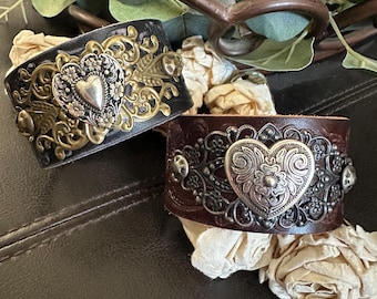 Heart bracelet leather cuff, cowgirl bracelet, western bracelet, western jewelry, cowgirl jewelry, chunky bracelet, valentines gift